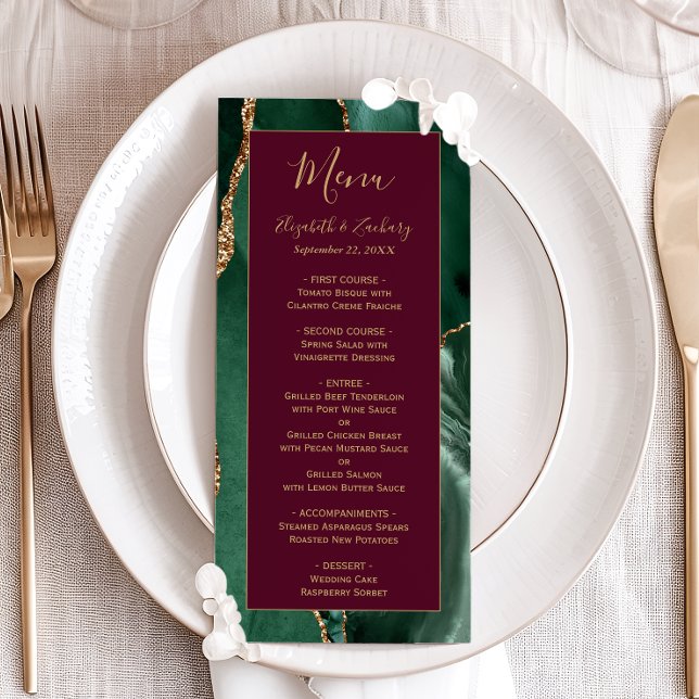 Emerald Green Gold Script Burgundy Wedding Menu (Creator Uploaded)