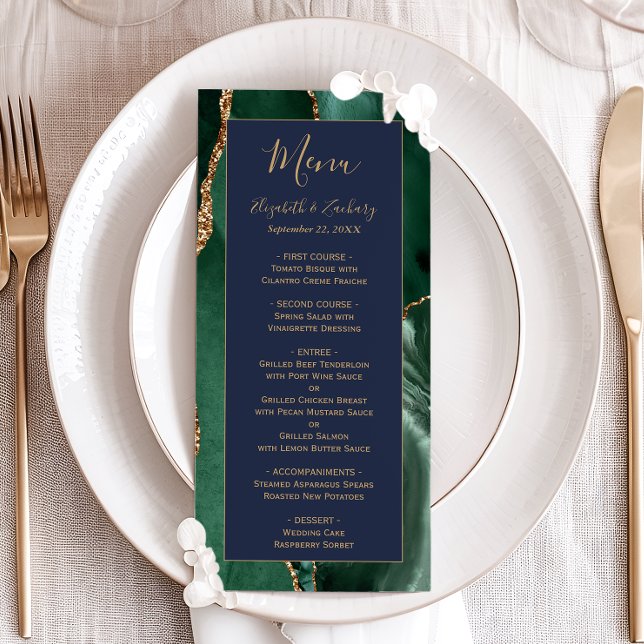 Emerald Green Gold Script Navy Blue Wedding Menu (Creator Uploaded)