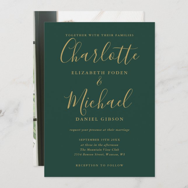 Emerald Green Gold Script Photo Wedding Invitation (Front/Back)