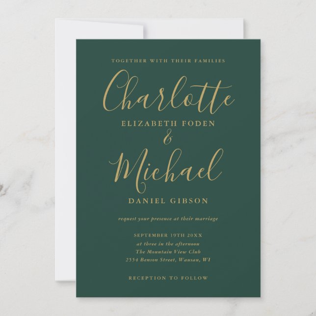 Emerald Green Gold Script Wedding Invitation (Front)