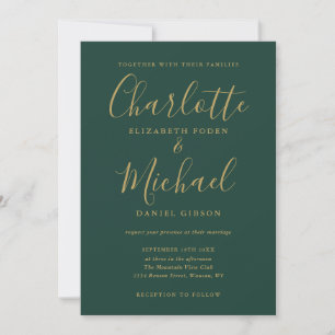 Emerald Green Gold Script Wedding Invitation
