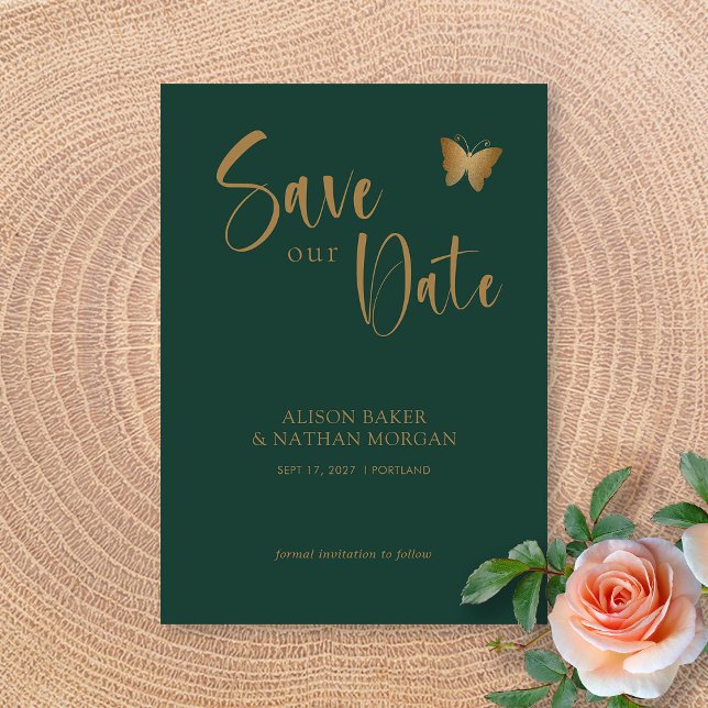 Emerald Green & Gold Script with Glitter Butterfly Save The Date (Emerald Green & Gold Script with Glitter Butterfly Save The Date)