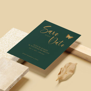 Emerald Green & Gold Script with Glitter Butterfly Save The Date
