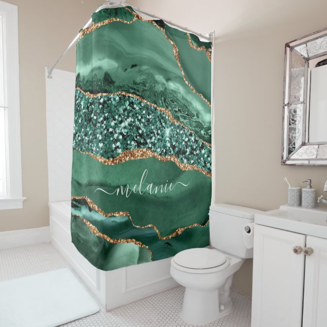 Emerald Green Gold Shower Curtain with Custom Name (In Situ)