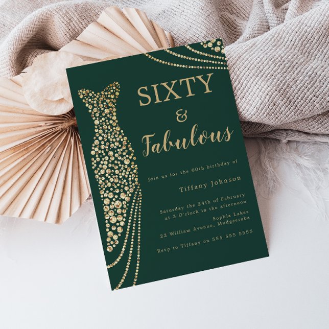 Emerald Green & Gold Sixty & Fab 60th Birthday Invitation (Creator Uploaded)