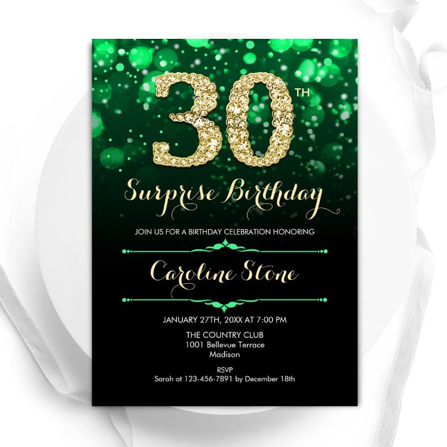 Emerald Green Gold Surprise 30th Birthday Invitation (Creator Uploaded)