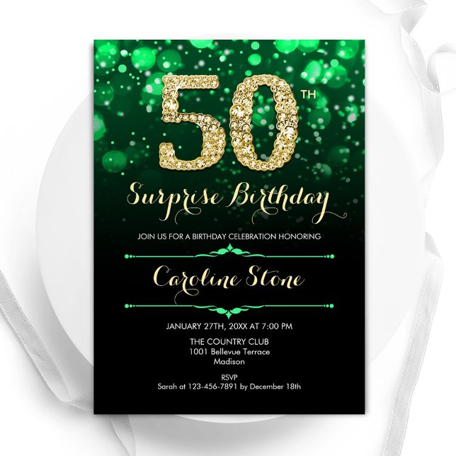 Emerald Green Gold Surprise 50th Birthday Invitation (Creator Uploaded)