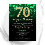 Emerald Green Gold Surprise 70th Birthday Invitation<br><div class="desc">Surprise 70th birthday party invitation. Elegant emerald green and black design with faux glitter gold. Features stylish diamonds, bokeh lights and script font. Men or women bday invite. Perfect for a stylish adult birthday party. Personalise with your own details. Message me if you need further customisation. Printed Zazzle invitations or...</div>