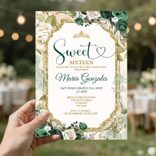 Emerald Green & Gold Sweet Sixteen Birthday Crown Invitation