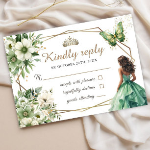 Emerald Green Gold Tiara Floral Sweet 16 Rsvp Card