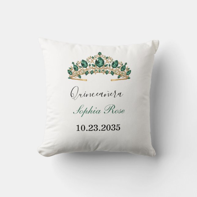 Emerald Green Gold Tiara Quinceañera Pillow (Front)