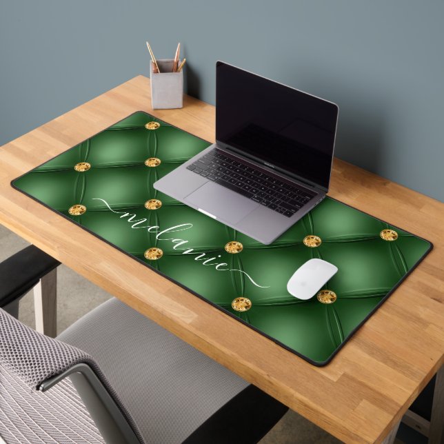 Emerald Green Gold Tuft Desk Mat with Custom Name (Office 2)