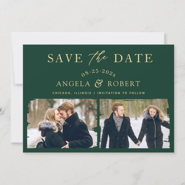 Emerald Green Gold Unique Brush Stroke 2 Photo Save The Date (Front)