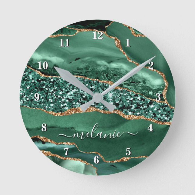 Emerald Green Gold Wall Clock Personalised Name (Front)