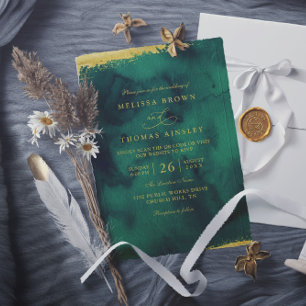 Emerald Green Gold Watercolor QR Code Wedding Invitation