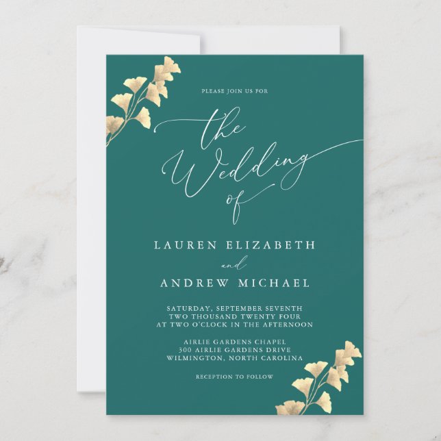 Emerald Green & Gold Watercolor Wedding Invitation (Front)