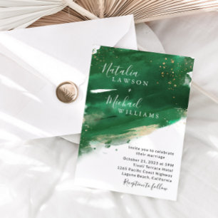 Emerald Green & Gold Watercolor Wedding Invitation