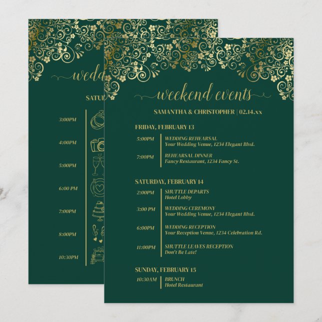 Emerald Green & Gold Wedding Events & Timeline Programme (Front/Back)