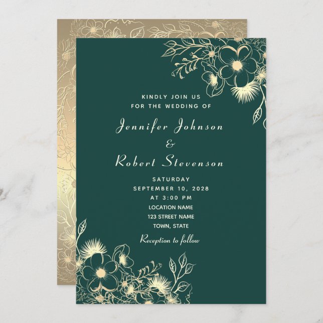 Emerald Green Gold Wedding Invitation (Front/Back)