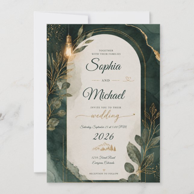 Emerald Green & Gold Wedding Invitation (Front)