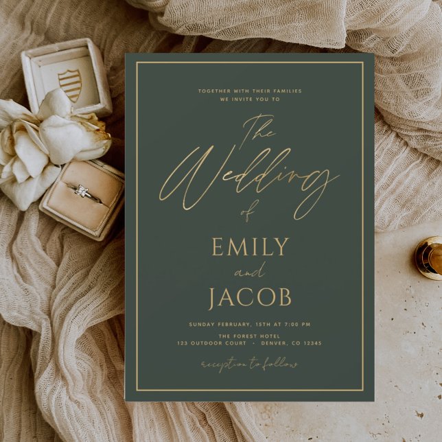 Emerald Green Gold Wedding Modern Script Invitation (Creator Uploaded)
