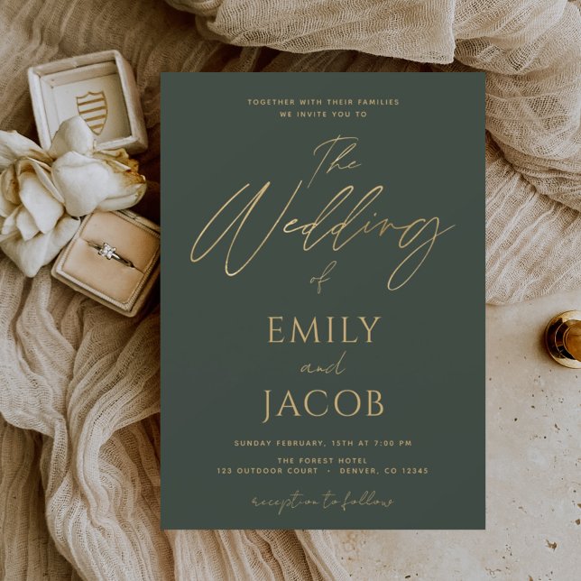 Emerald Green Gold Wedding Modern Script Invitation (Creator Uploaded)