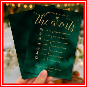 Emerald Green & Gold Wedding Order of Events Invitation