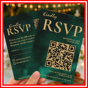  Emerald Green & Gold Wedding QR Code RSVP Enclosure Card