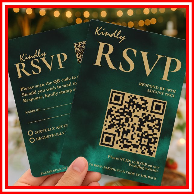  Emerald Green & Gold Wedding QR Code RSVP Enclosure Card (Creator Uploaded)