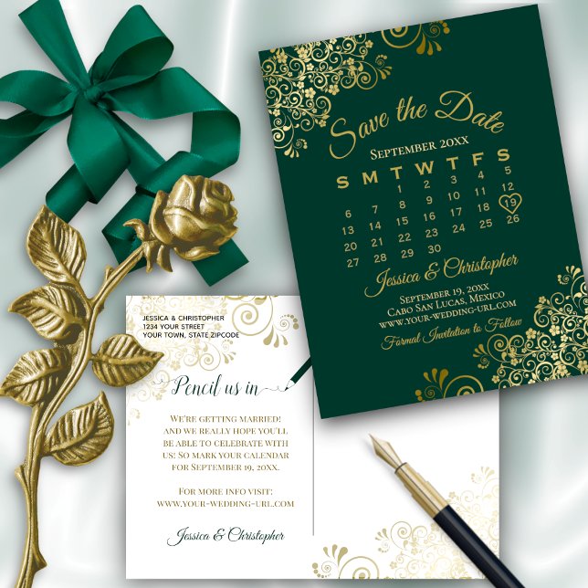 Emerald Green Gold Wedding Save the Date Calendar Announcement Postcard (Front and Back)