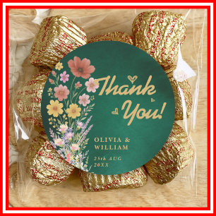 Emerald Green & Gold Wildflower Wedding Thank You Classic Round Sticker