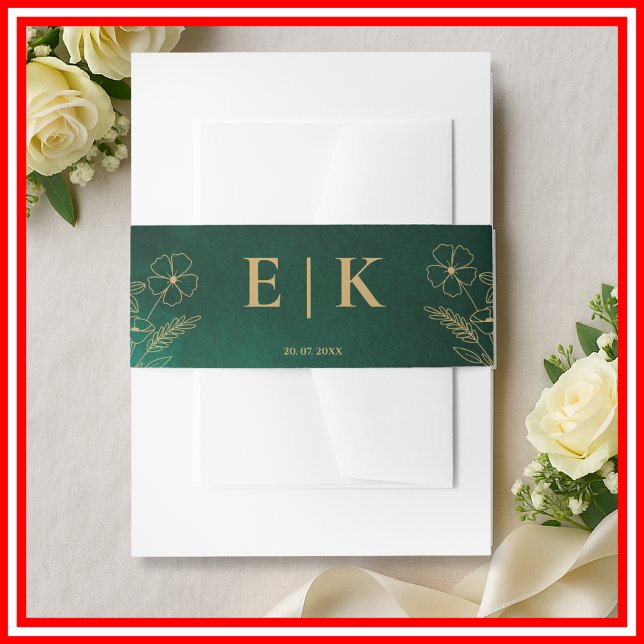 Emerald Green & Gold Wildflowers Monogram Wedding Invitation Belly Band (Creator Uploaded)