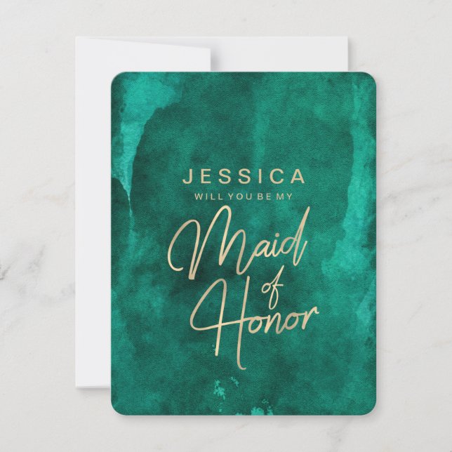 Emerald Green & Gold Will You Be My Maid of Honour Invitation (Front)