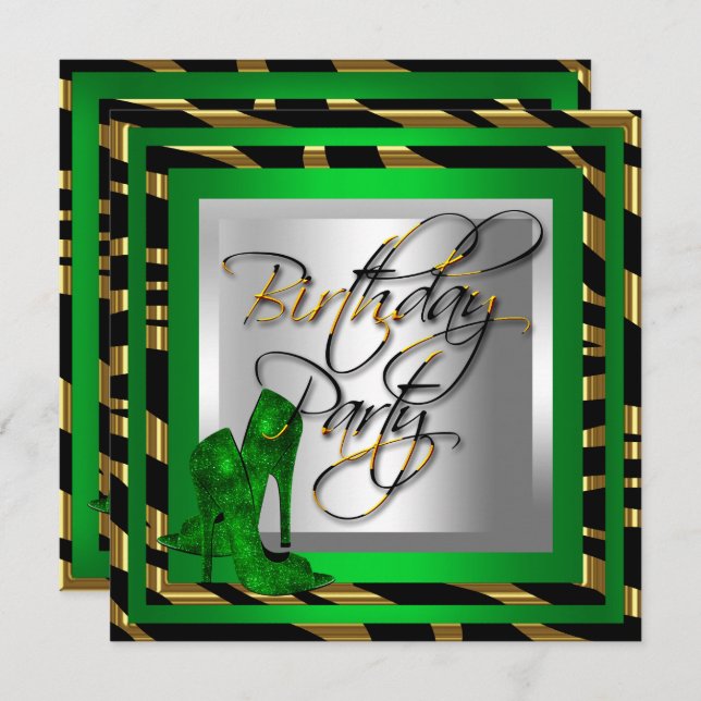 Emerald Green Gold Zebra Black High Heel Shoes Invitation (Front/Back)