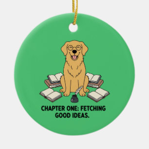 Emerald Green Golden Retriever Book Lover Writer's Ceramic Tree Decoration