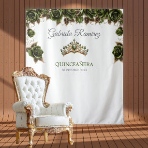 Emerald Green Golden Roses Quinceañera Backdrop Tapestry