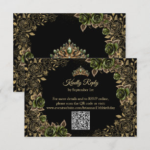 Emerald Green Golden Tiara Butterflies Quinceañera RSVP Card