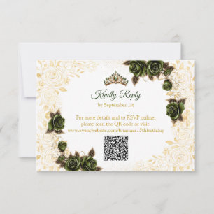 Emerald Green Golden Tiara Butterflies Quinceañera RSVP Card