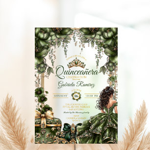 Emerald Green Golden Tiara Floral  Quinceañera Acrylic Invitations