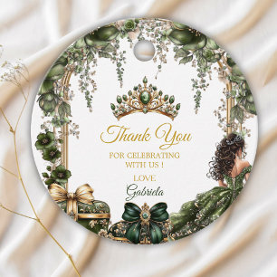 Emerald Green Golden Tiara Floral Quinceañera Favour Tags