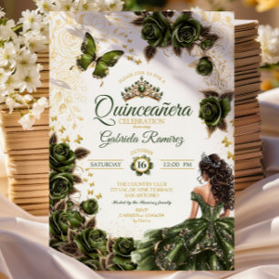 Emerald Green Golden Tiara Floral  Quinceañera Invitation