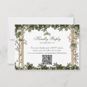 Emerald Green Golden Tiara Floral Quinceañera RSVP Card