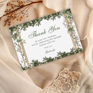 Emerald Green Golden Tiara Floral Quinceañera Thank You Card