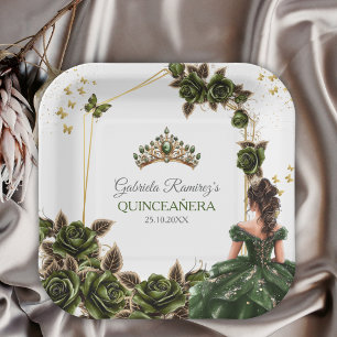 Emerald Green Golden Tiara Roses Quinceañera Paper Plate