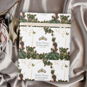 Emerald Green Golden Tiara Roses Quinceañera Wrapping Paper