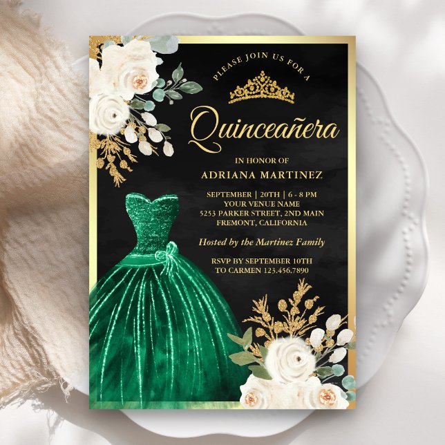 Emerald Green Gown Floral Black Gold Quinceanera Invitation (Creator Uploaded)