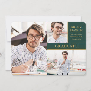 Emerald Green Graduate Gold 3 Photo Graduation Announcement