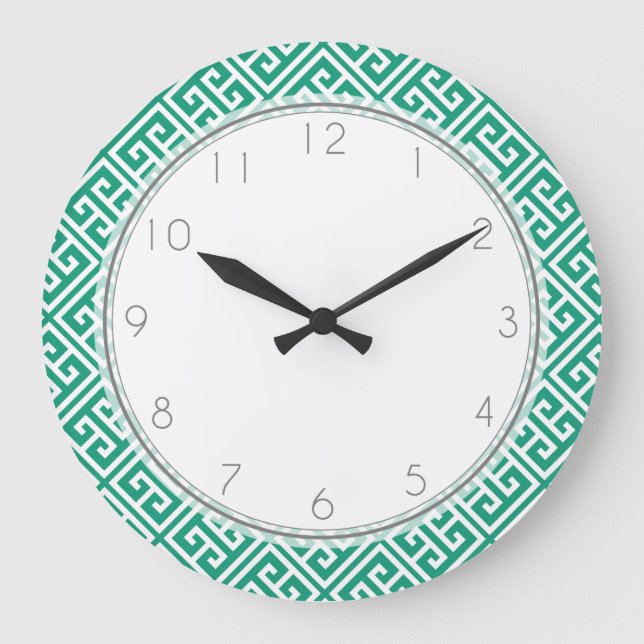Emerald Green Greek Key Pattern Large Clock (Front)
