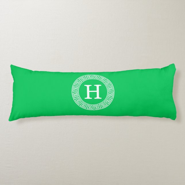 Emerald Green Greek Key Rnd Frame Initial Monogram Body Cushion (Front)