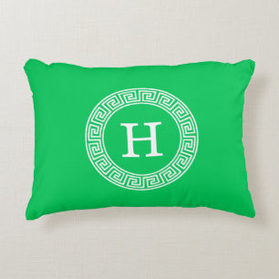 Emerald Green Greek Key Rnd Frame Initial Monogram Decorative Cushion